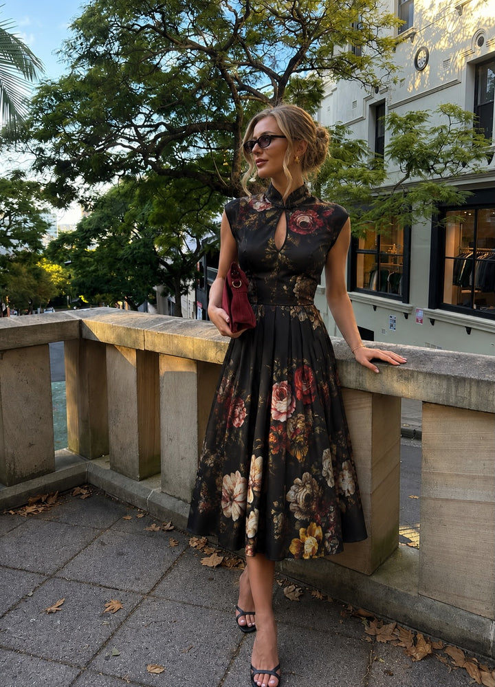 Patricia | Black Floral Satin Pleated Midi Dress