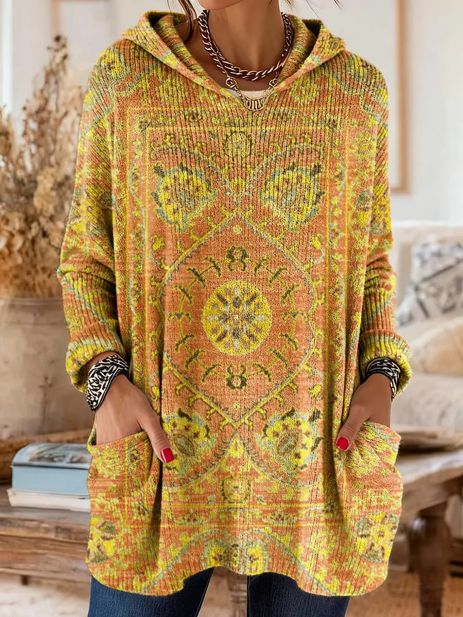 Retro Ethnic Print Hooded Knit Tunic