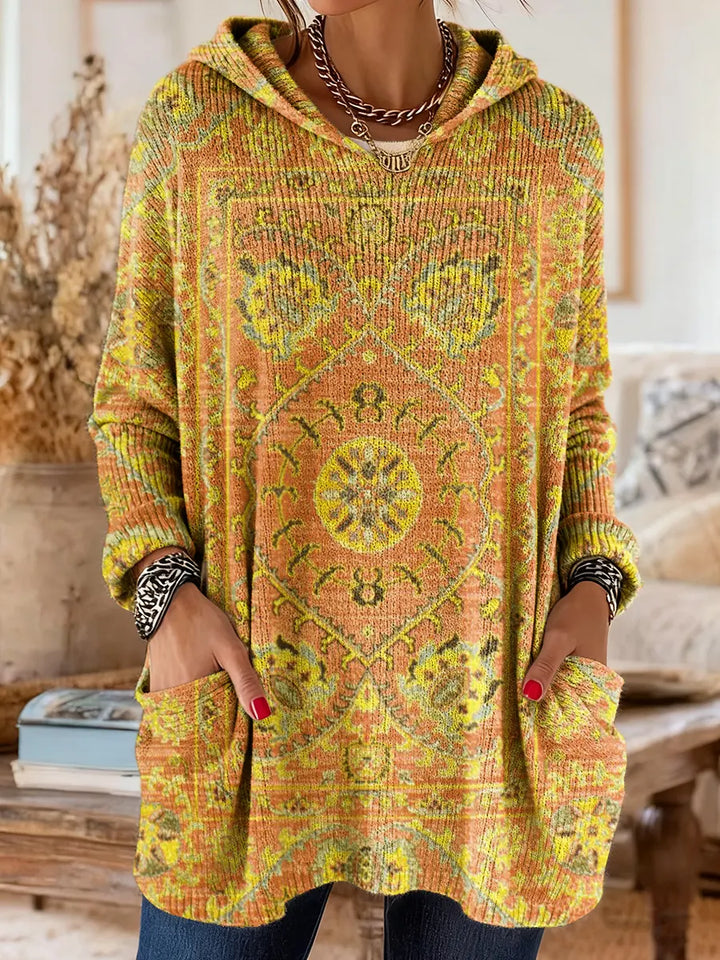 Retro Ethnic Print Hooded Knit Tunic
