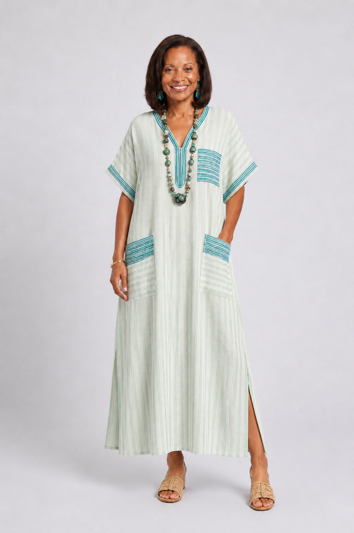 Velis | Striped V Neck Pocket Midi Dress