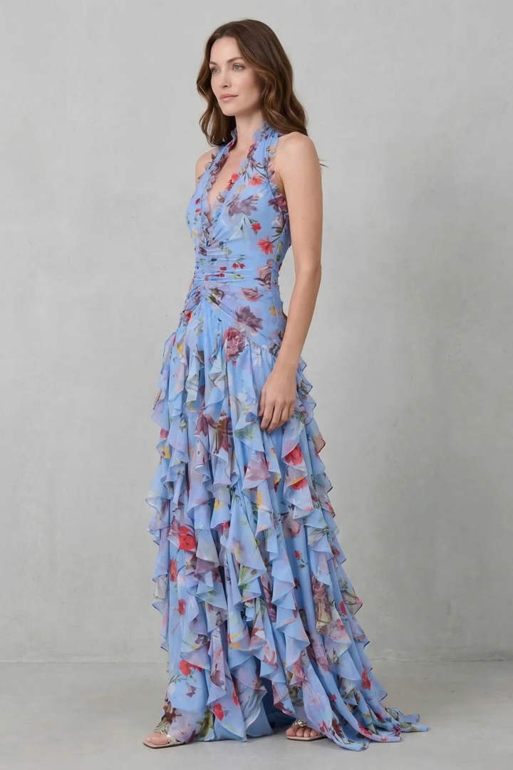 Halter Neck Maxi Dress with Floral Print for Women