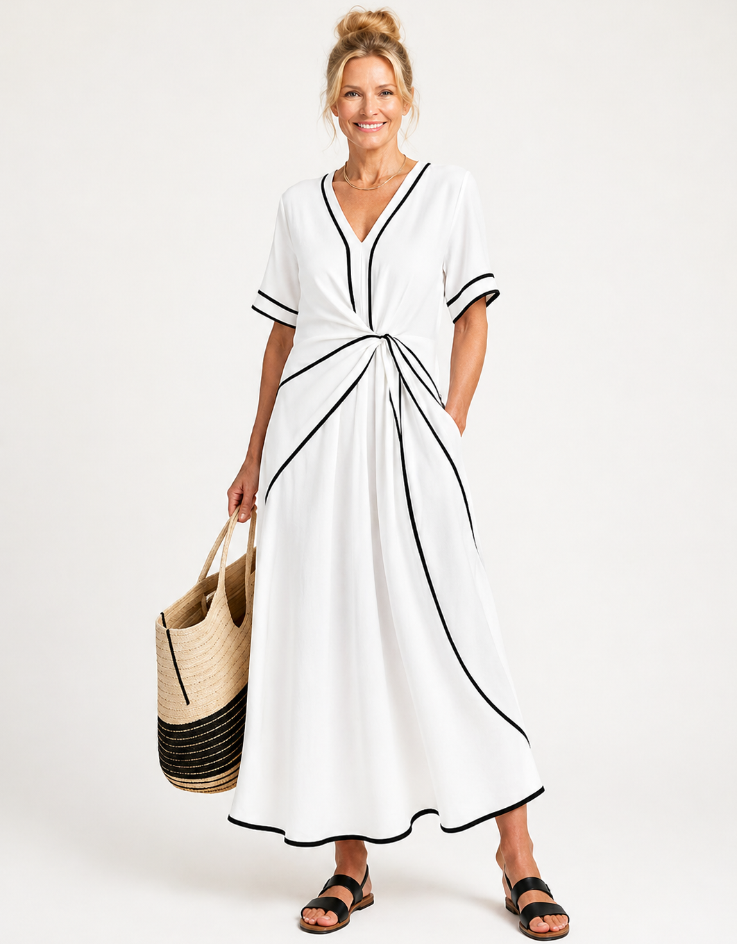 Linnea | V Neck Short Sleeve Gathered Waist Midi Dress