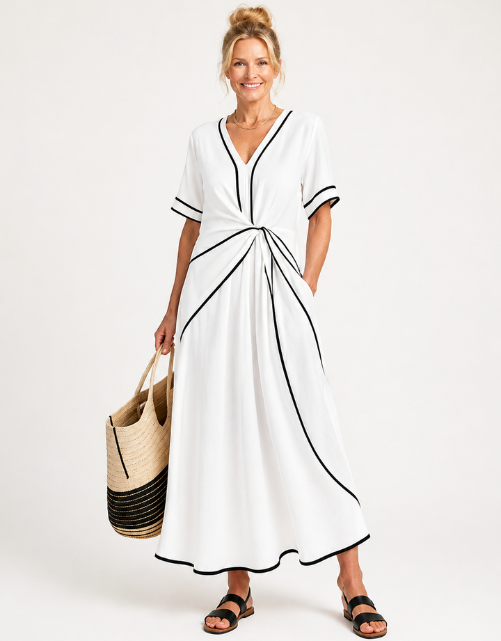 Linnea | V Neck Short Sleeve Gathered Waist Midi Dress