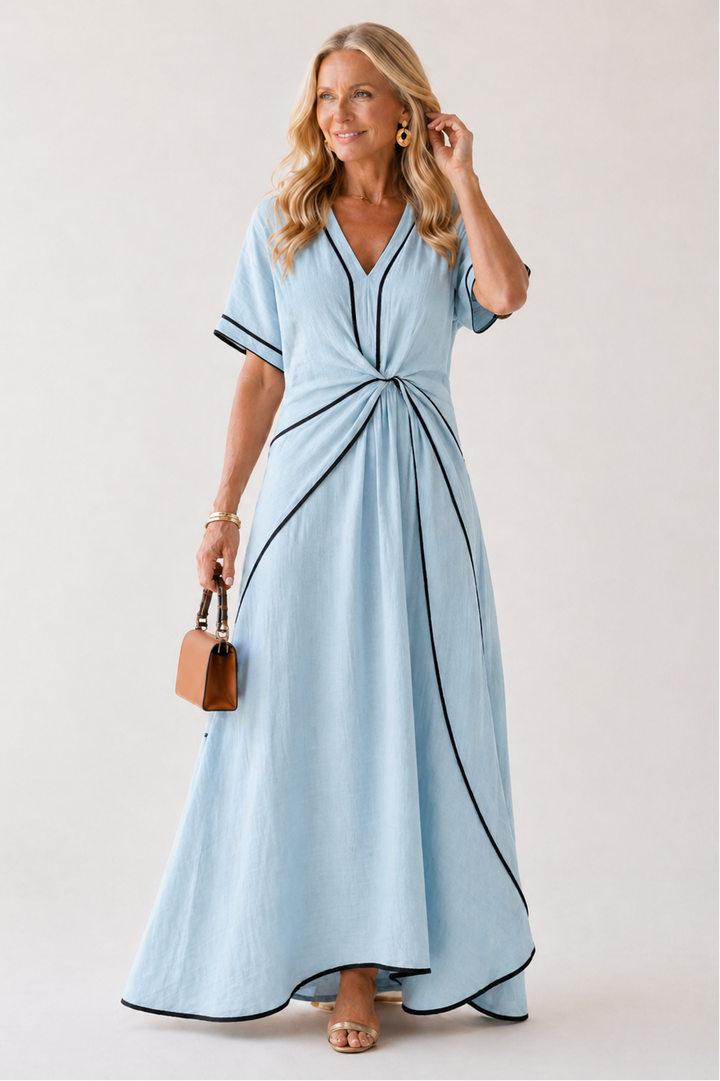 Linnea | V Neck Short Sleeve Gathered Waist Midi Dress