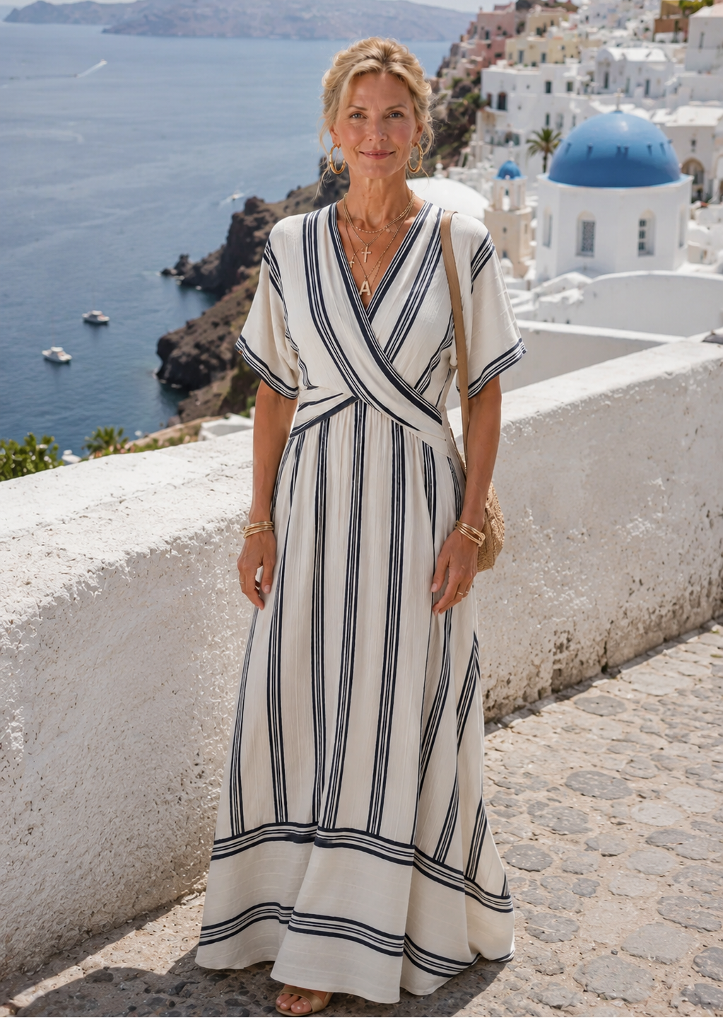 Thalassa | V Neck Short Sleeve Wrap Waist Midi Dress