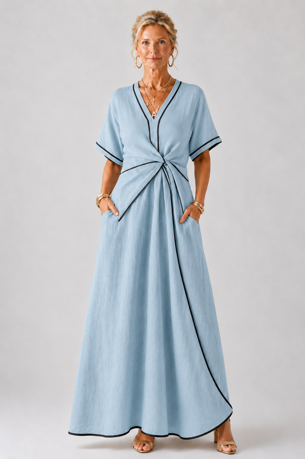 Linnea | V Neck Short Sleeve Gathered Waist Midi Dress