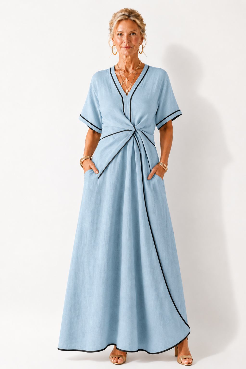 Linnea | V Neck Short Sleeve Gathered Waist Midi Dress
