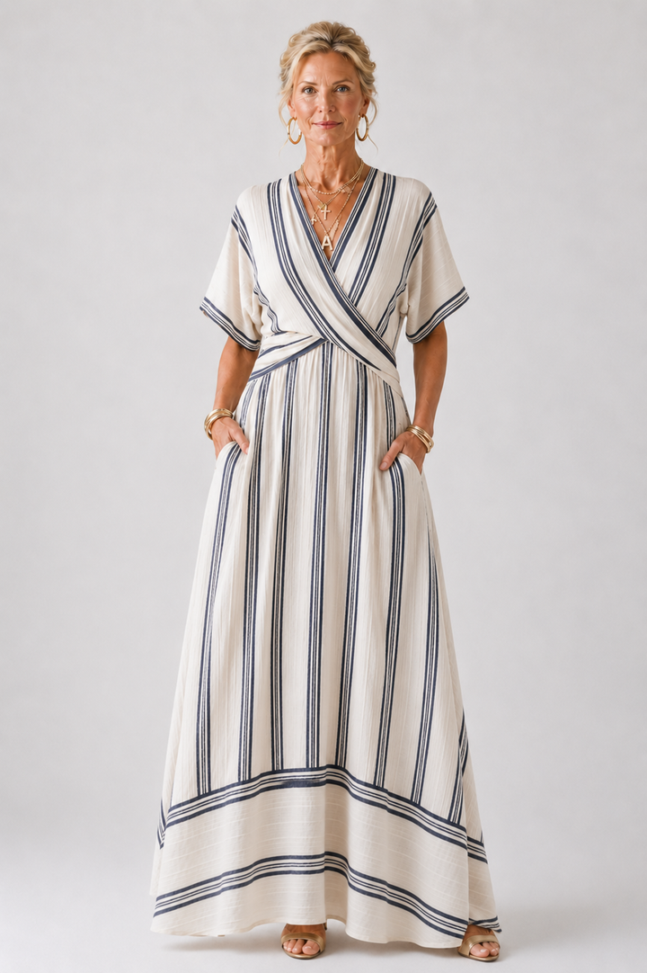Thalassa | V Neck Short Sleeve Wrap Waist Midi Dress