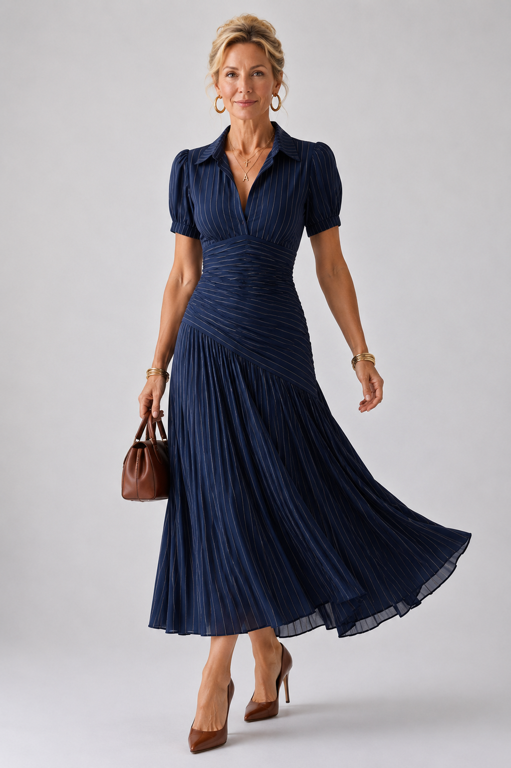 Theodora | Pleated Waistline Stripe Midi Dress