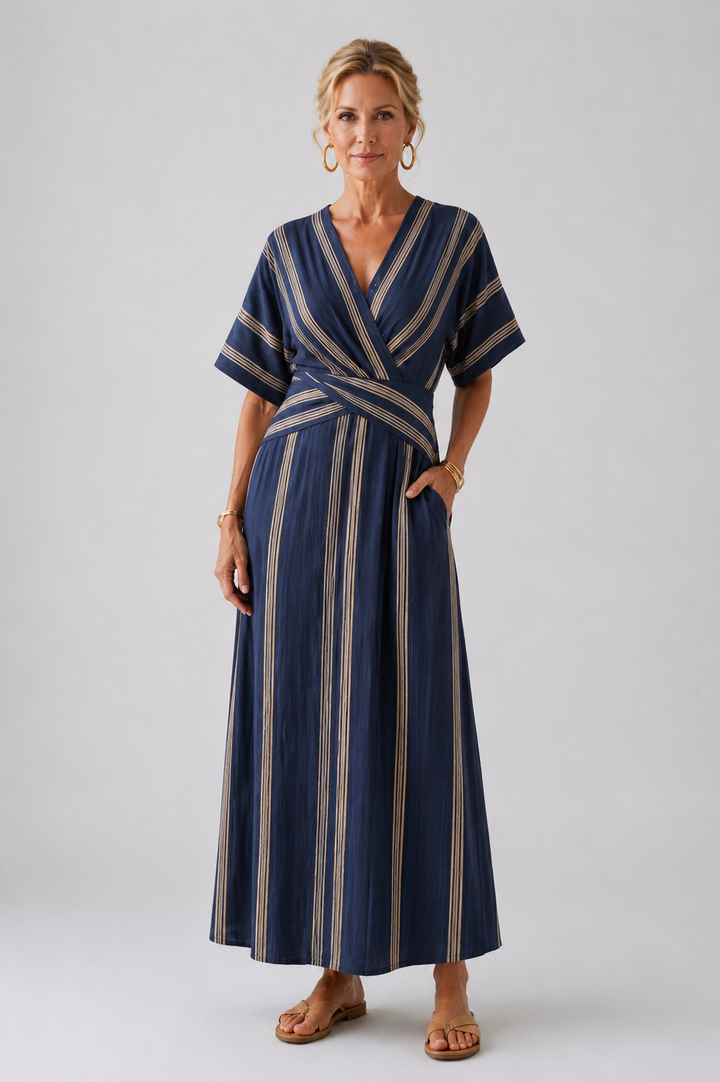 Saphira | V Neck Short Sleeve Striped Wrap Midi Dress