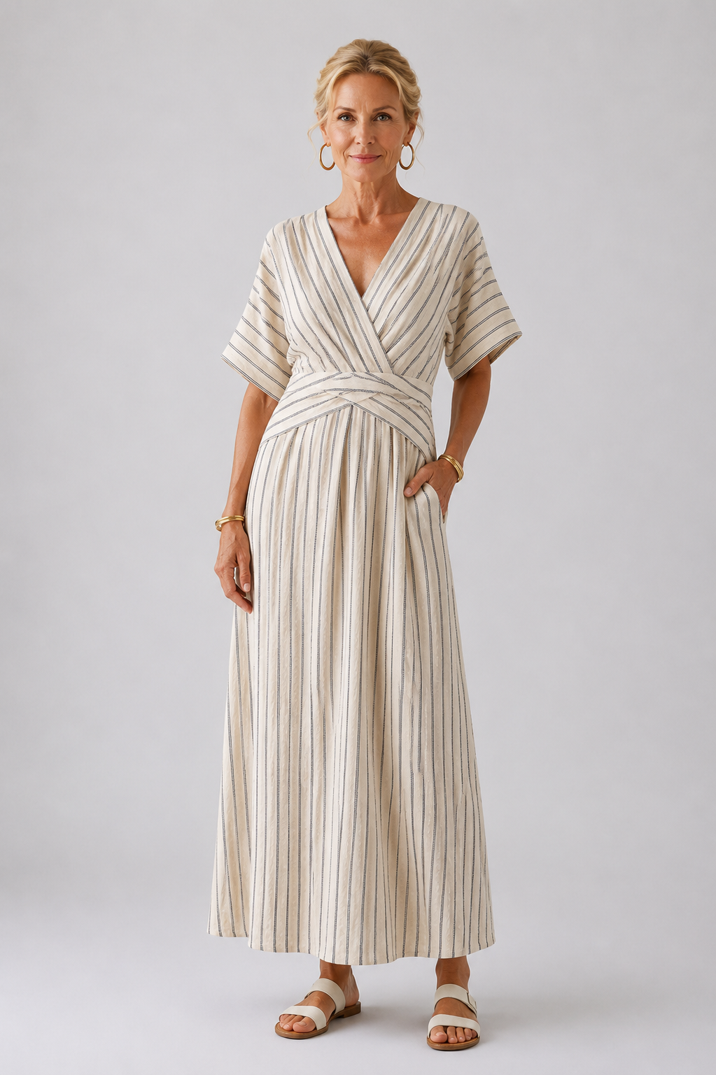 Cressida | V Neck Short Sleeve Cross Waist Midi Dress
