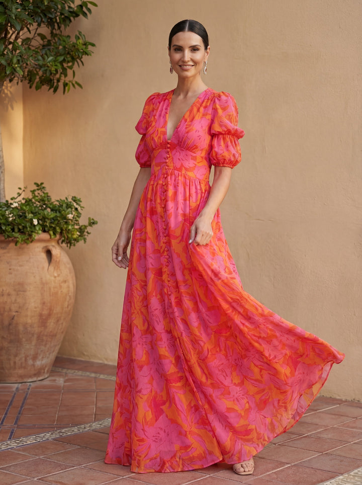 Flowy Maxi Dress for Women - Elegant V-Neck Long Dress