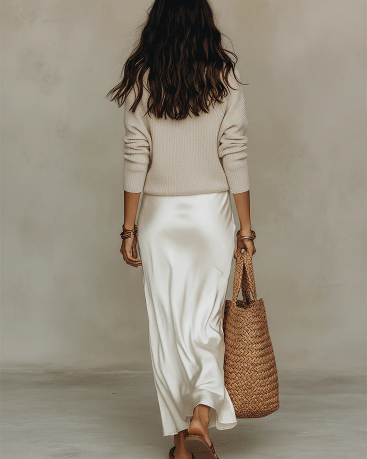 Satin Midi Dress with Sweater - Elegant Two Piece Set