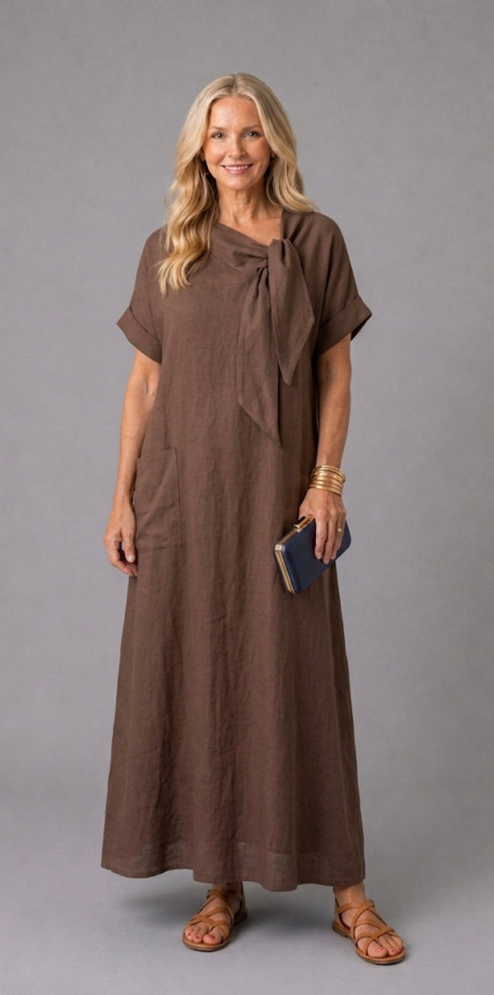 Tivara | Short Sleeve Tie Neck Pocket Midi Dress