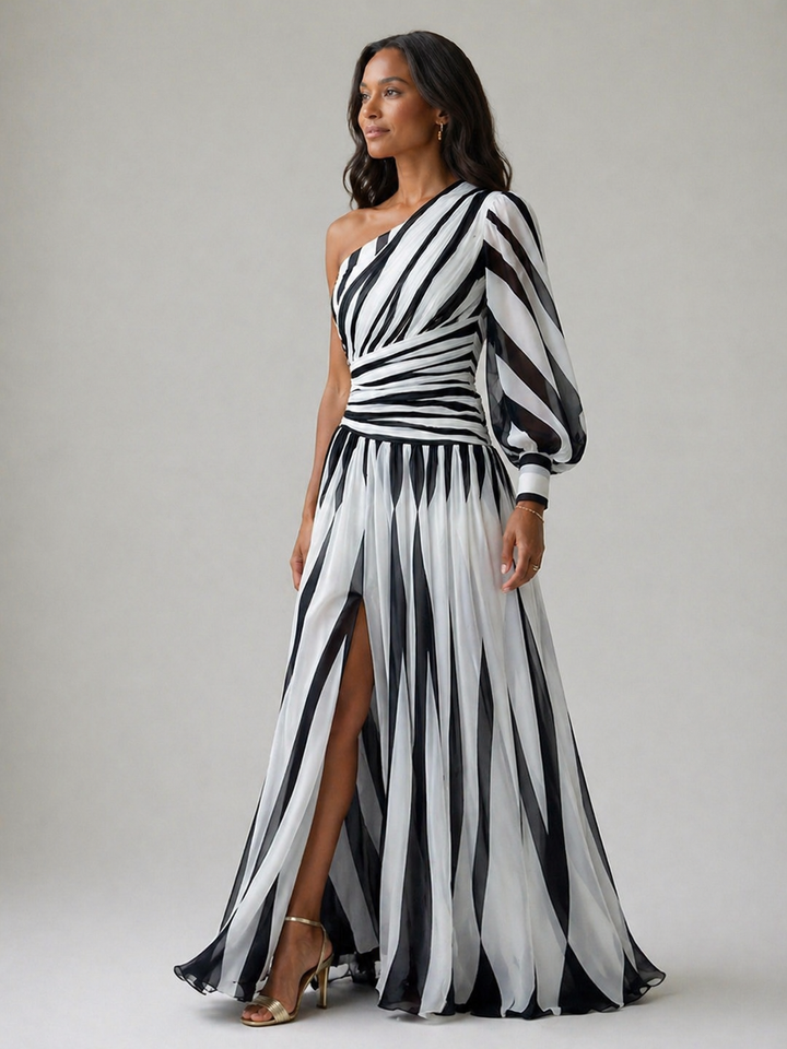 Violet & Grace™ |Elegant Striped Maxi Dress with One Shoulder