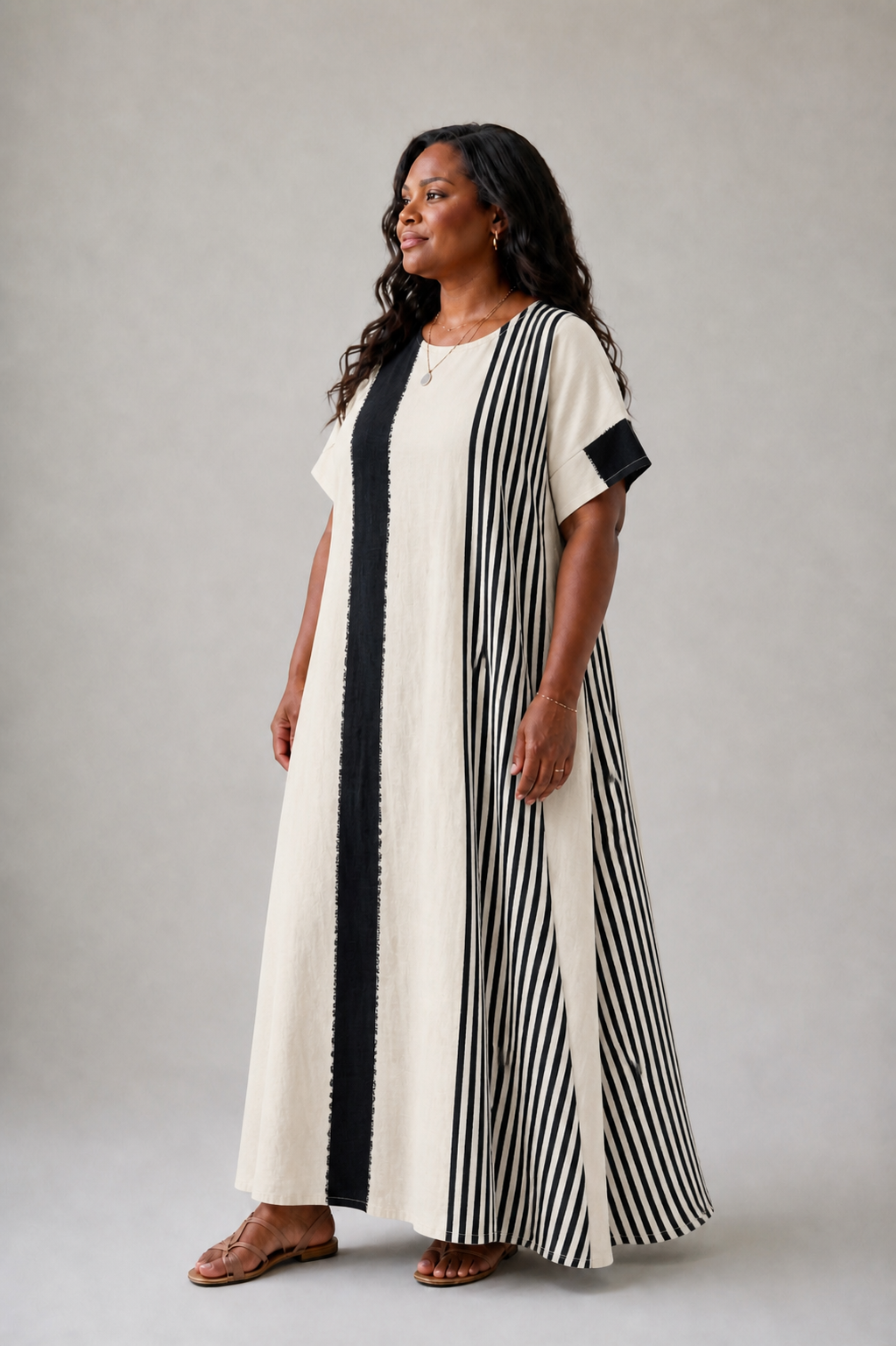 Elara | Round Neck Short Sleeve Striped Maxi Dress