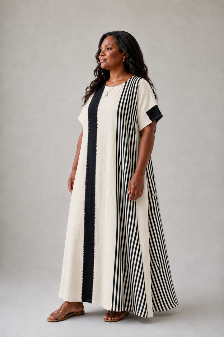 Elara | Round Neck Short Sleeve Striped Maxi Dress