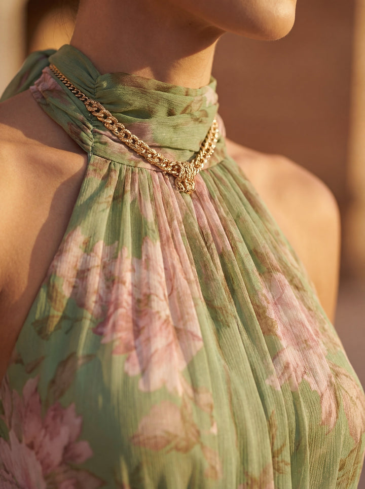 Floral Halter Maxi Dress - Chiffon Evening Dress for Women