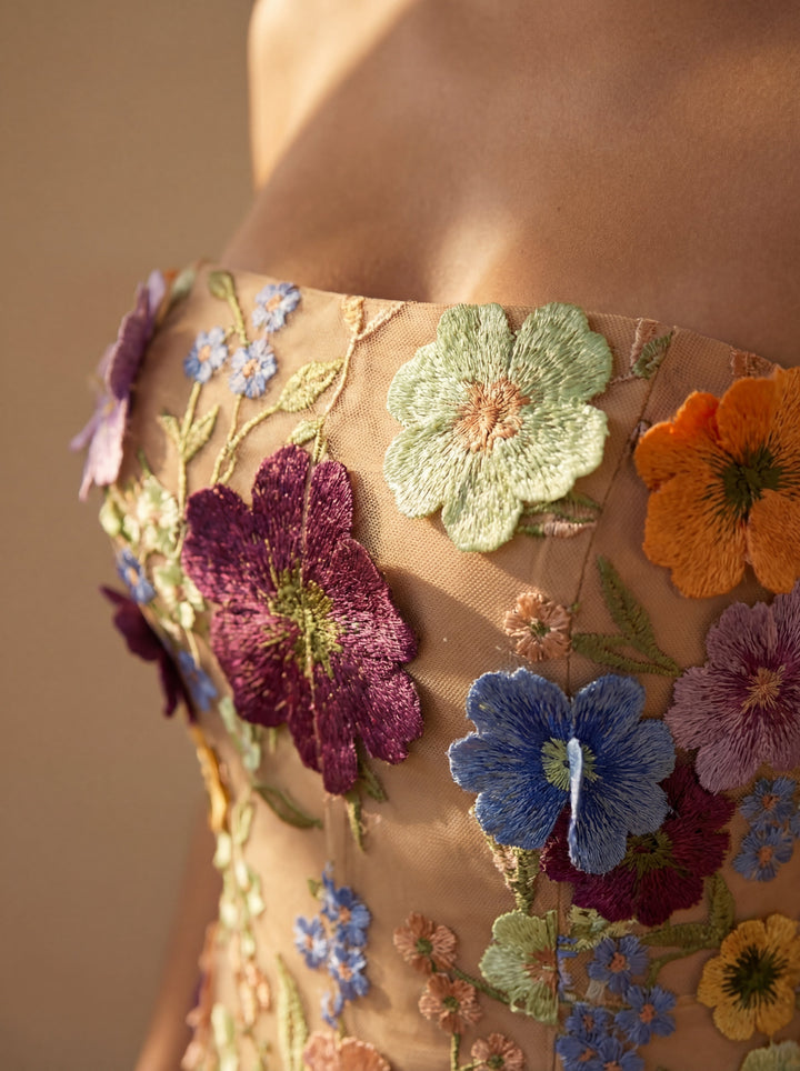 Floral Embroidered Midi Dress for Wedding Guest Cocktail Party
