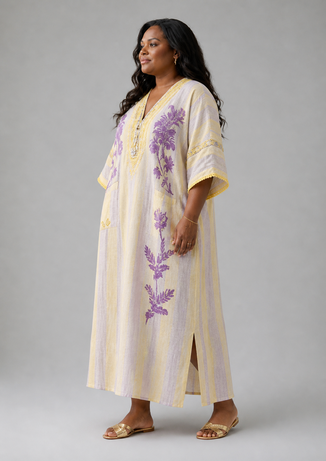 Aurelia | V Neck Half Sleeve Striped Floral Maxi Dress