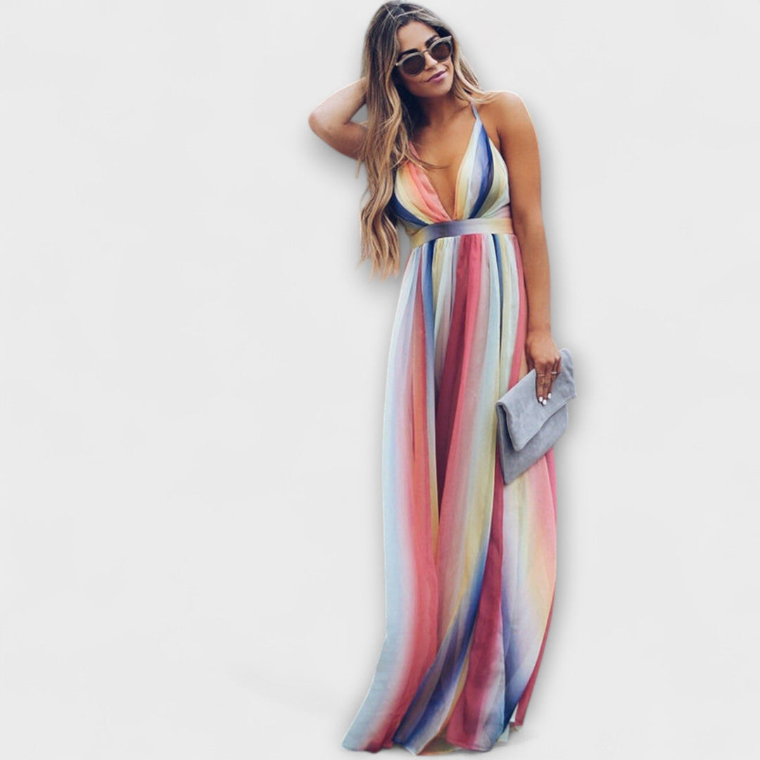 Multicolored Striped Women's Dress with V-Neck