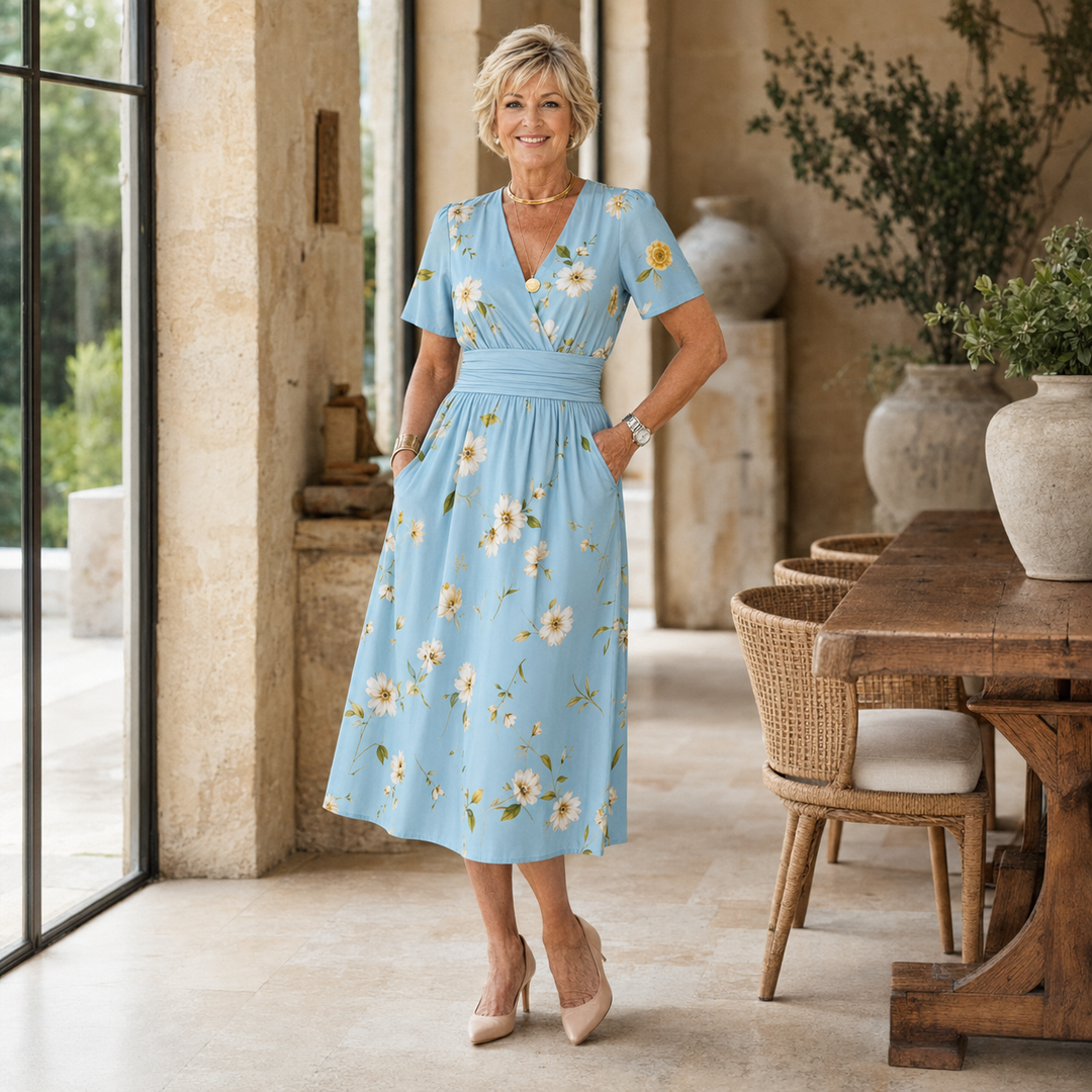 Marion | Floral Print Short Sleeve V Neck Midi Dress