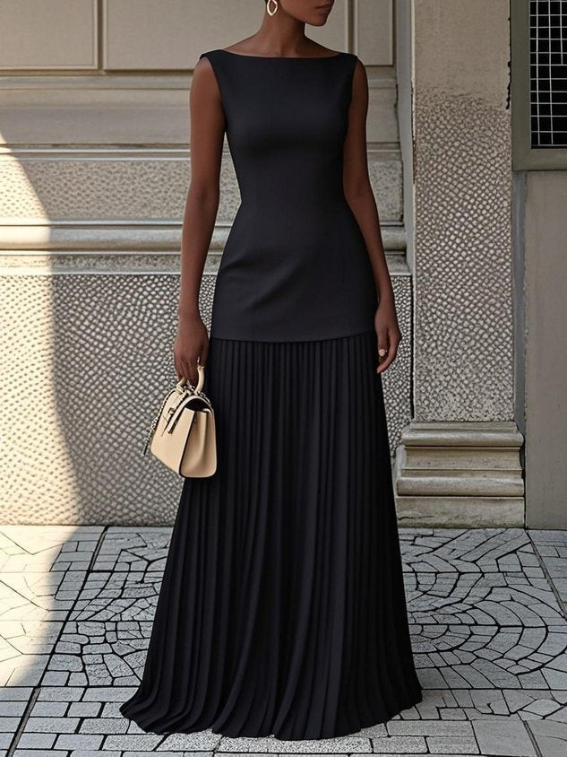 Pleated Maxi Dress - Elegant Floor Length Dress for Women