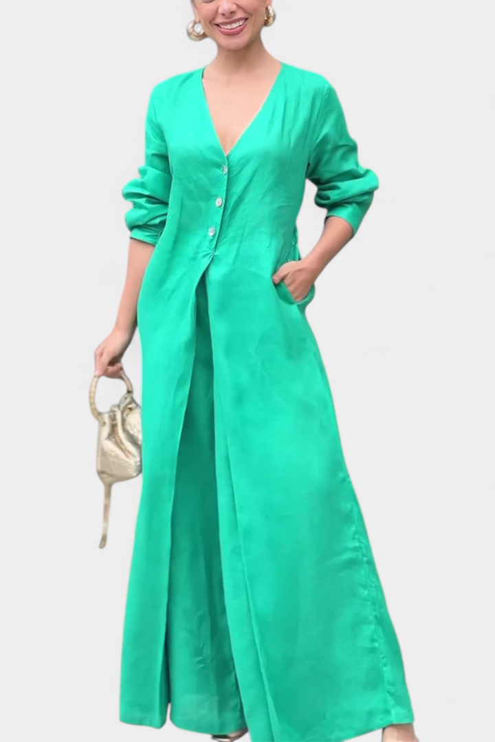 Whitney V-Neck Fluid Jumpsuit with Front Slit