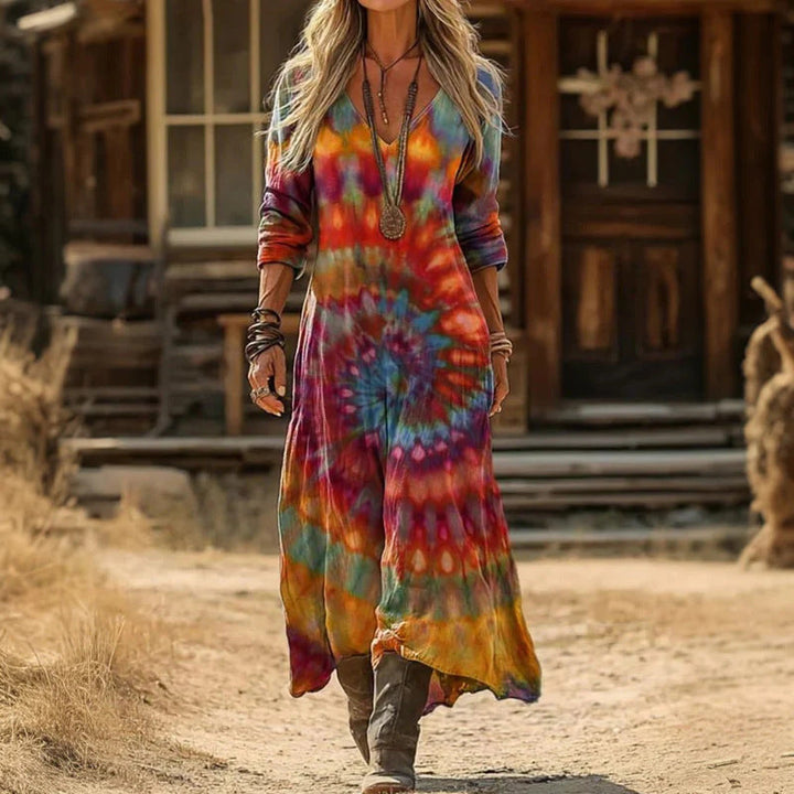 Long Sleeve Casual Dress Women Vintage V-Neck Cotton Blend