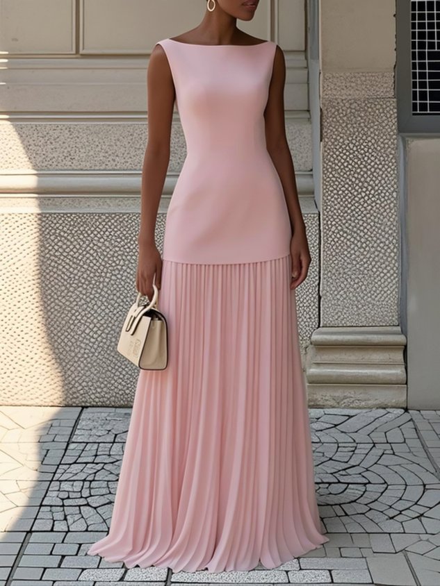 Pleated Maxi Dress - Elegant Floor Length Dress for Women