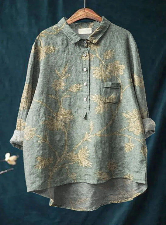 Caroline - Cotton Linen Floral Blouse