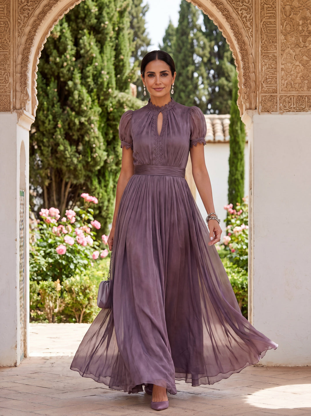 Purple Lace Maxi Dress for Wedding Guest - Elegant Chiffon Gown