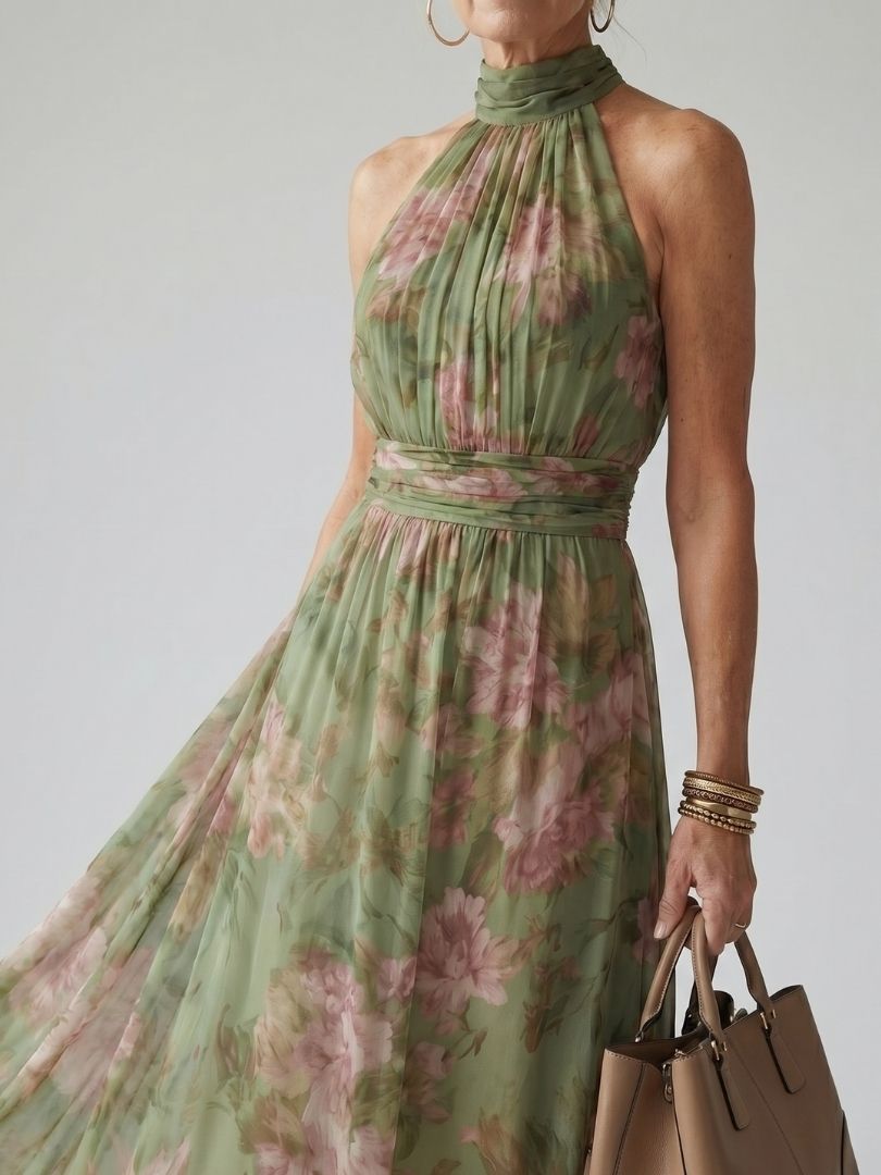 Floral Midi Dress with Halter Neckline and Gathered Bodice