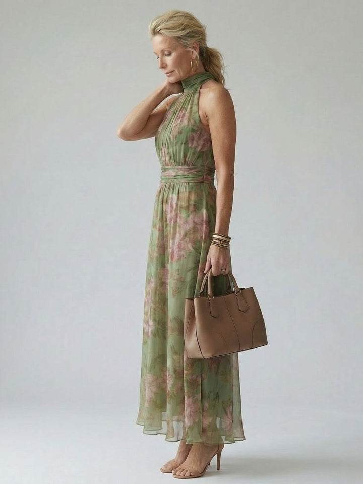 Floral Midi Dress with Halter Neckline and Gathered Bodice