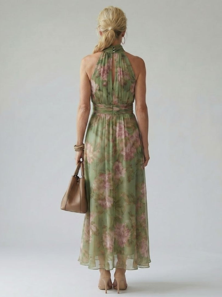 Floral Midi Dress with Halter Neckline and Gathered Bodice