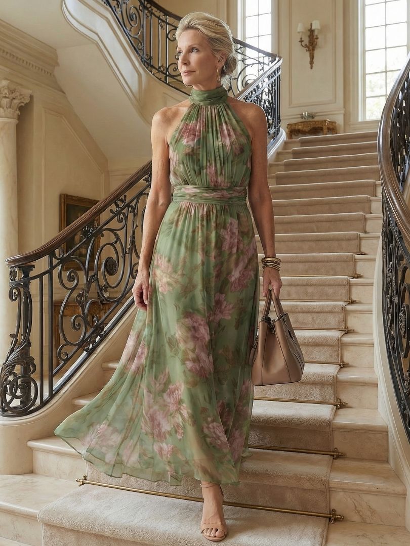Floral Midi Dress with Halter Neckline and Gathered Bodice
