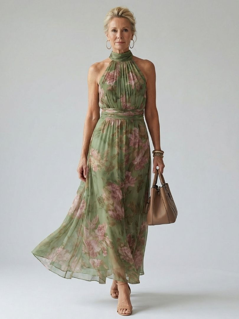 Floral Midi Dress with Halter Neckline and Gathered Bodice