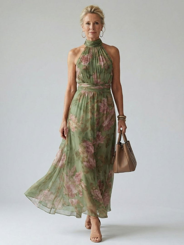 Floral Midi Dress with Halter Neckline and Gathered Bodice
