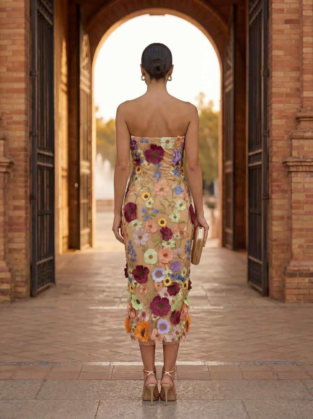 Floral Embroidered Midi Dress for Wedding Guest Cocktail Party