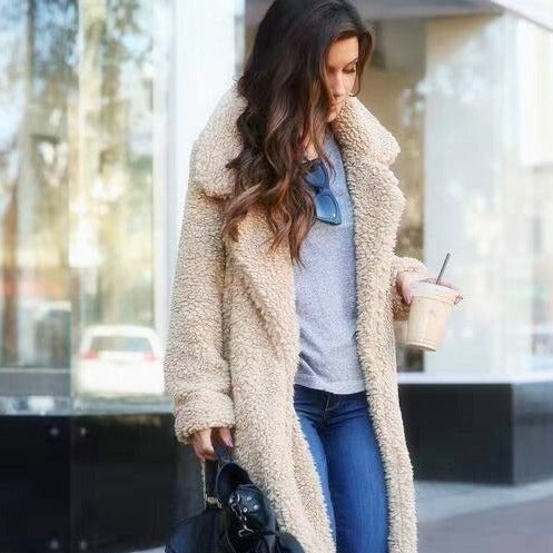 Women's Long Oversized Winter Teddy Coat with Lapel Collar