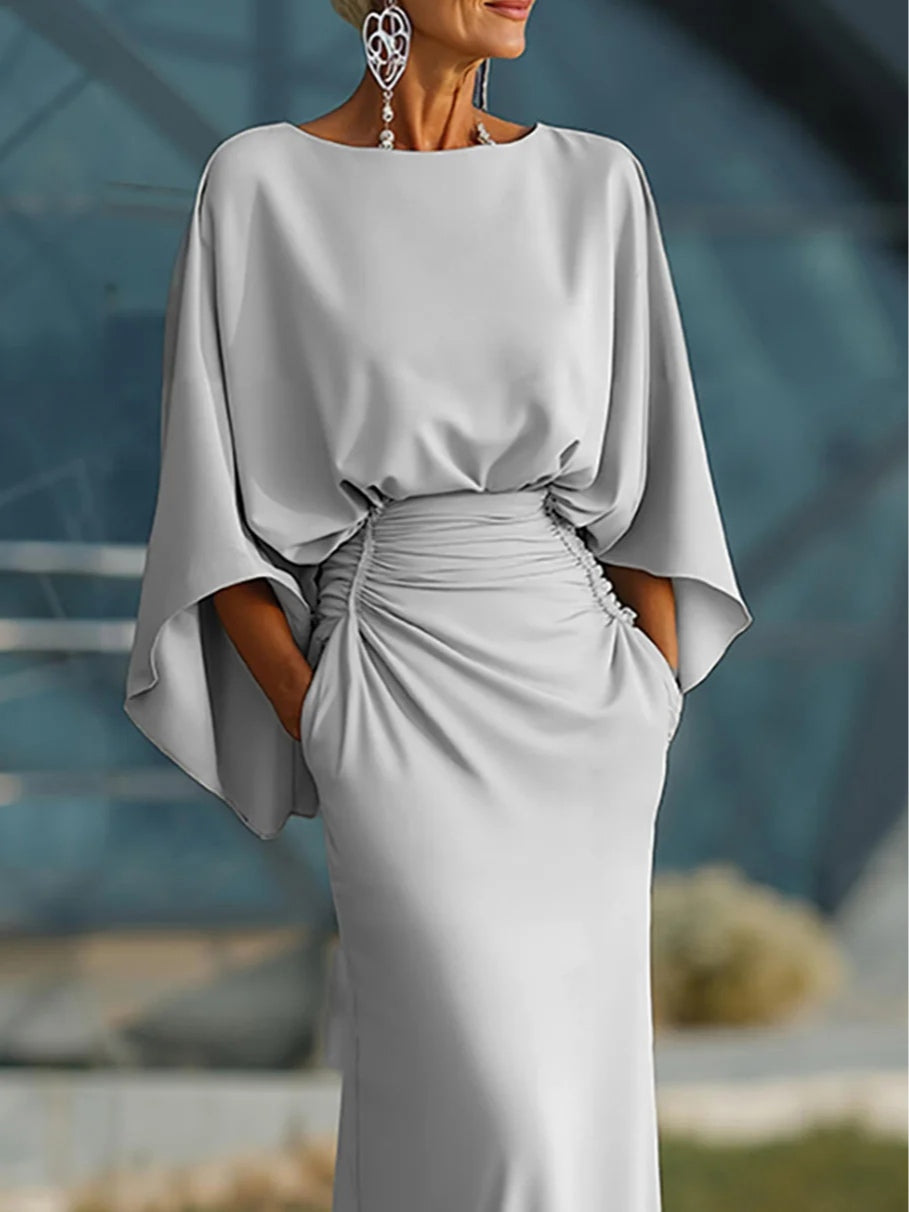 Maxi Dress with Sleeves - V-Neck Open Back for Summer Events