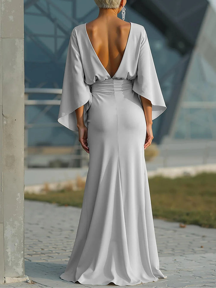 Maxi Dress with Sleeves - V-Neck Open Back for Summer Events