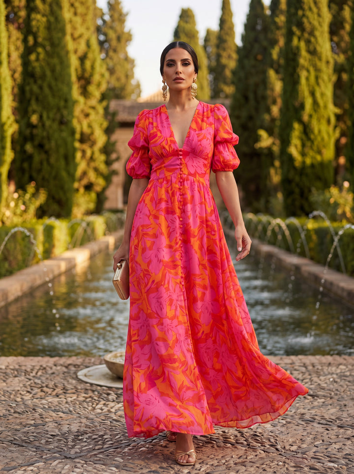 Flowy Maxi Dress for Women - Elegant V-Neck Long Dress