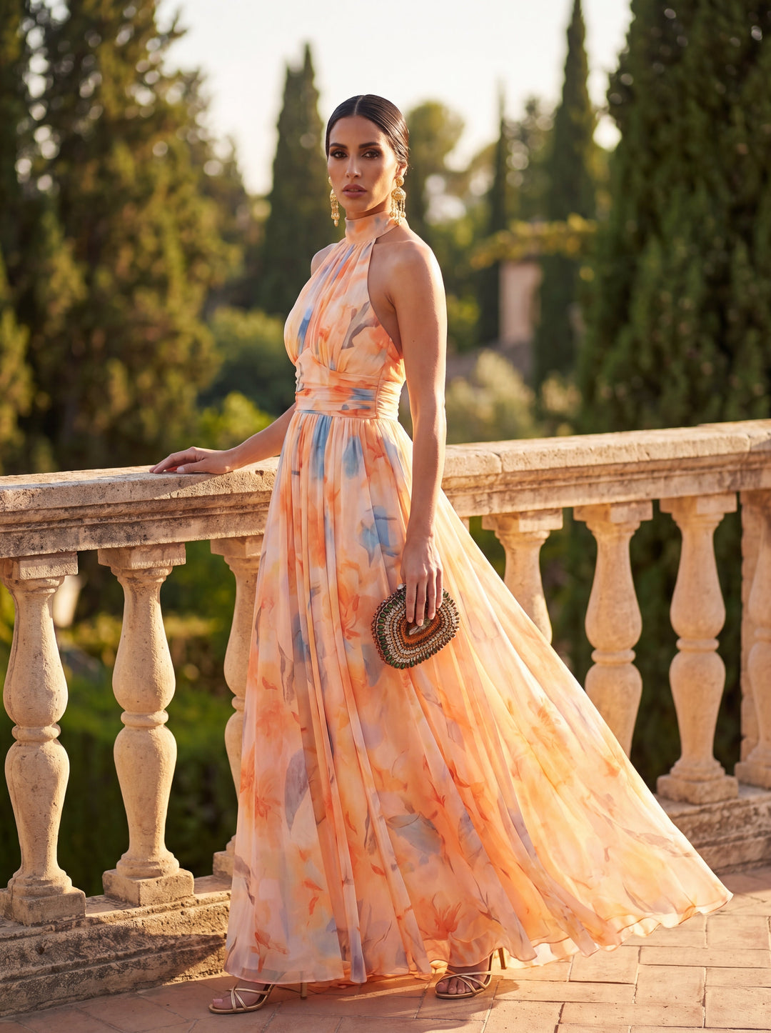 Halter Neck Maxi Dress with Watercolor Print