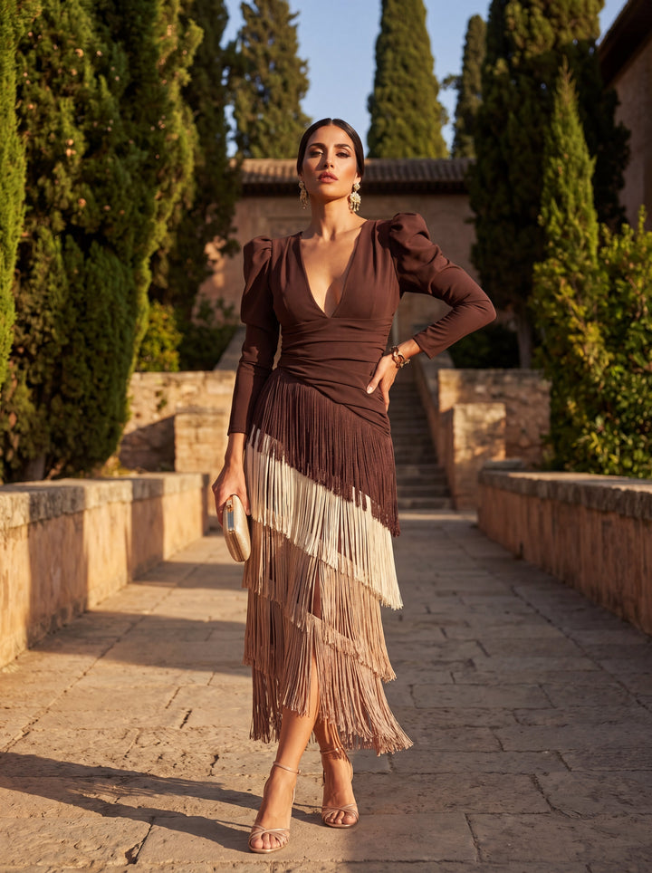 Fringe Maxi Dress V-Neck Sage Green Evening Gown