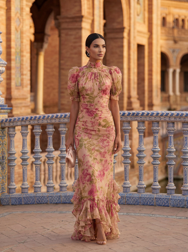 Floral Maxi Dress for Wedding Guest with Puff Sleeves