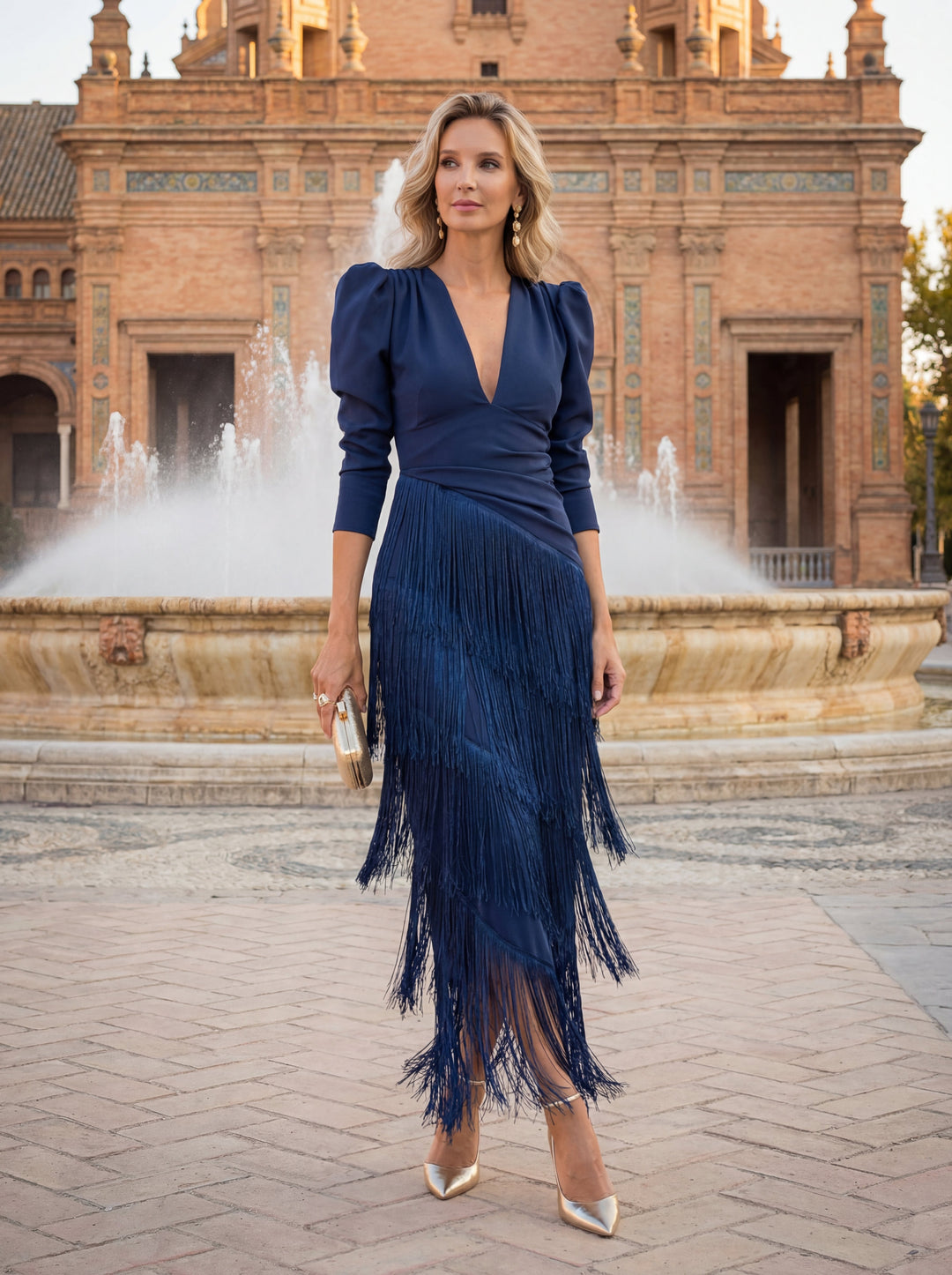Fringe Maxi Dress V-Neck Sage Green Evening Gown