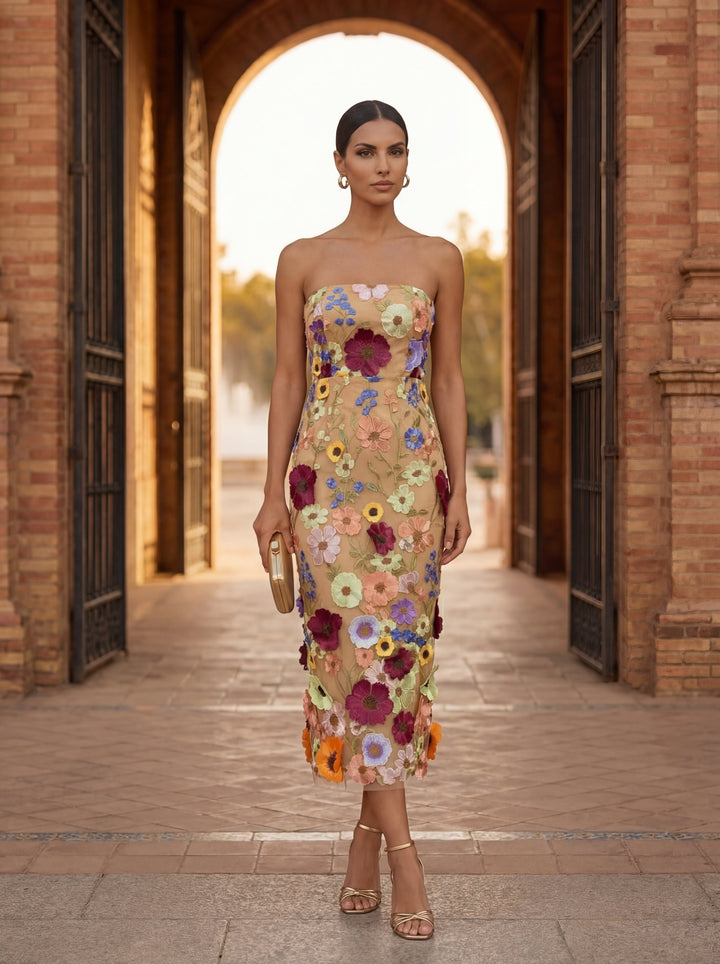 Floral Embroidered Midi Dress for Wedding Guest Cocktail Party