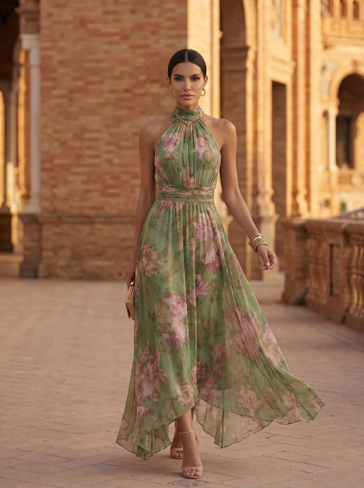 Floral Halter Maxi Dress - Chiffon Evening Dress for Women