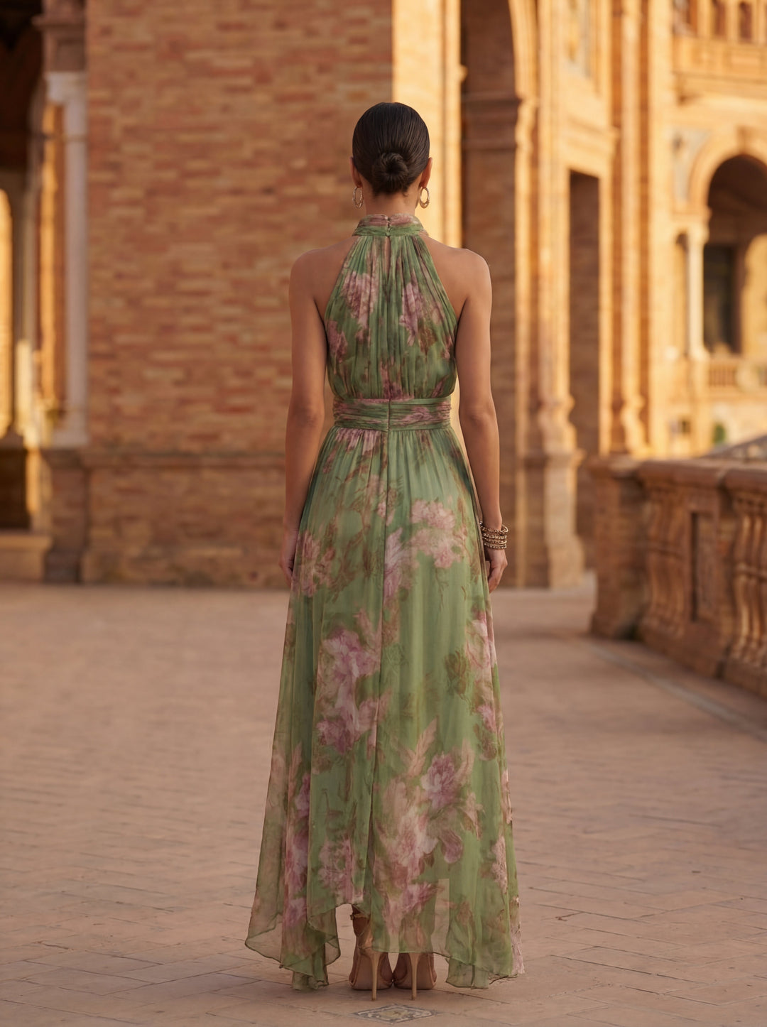 Floral Halter Maxi Dress - Chiffon Evening Dress for Women